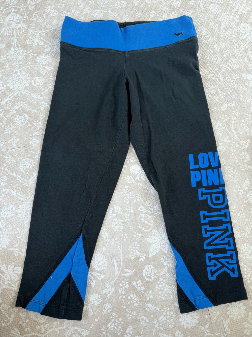 PINK Victoria's Secret Black & Blue Crop Leggings with Side Logo